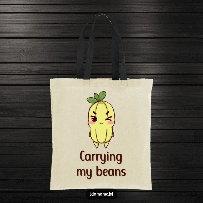 Funny edamame tote bag showcasing a cheerful character giving a determined wink, perfect for stylish carry-alls.