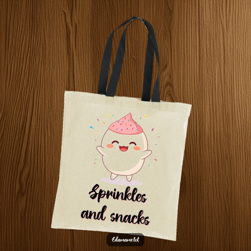 Funny Tote Bag depicting a giggling mochi character doing a jig, with flying sprinkles, a sweet and practical accessory.