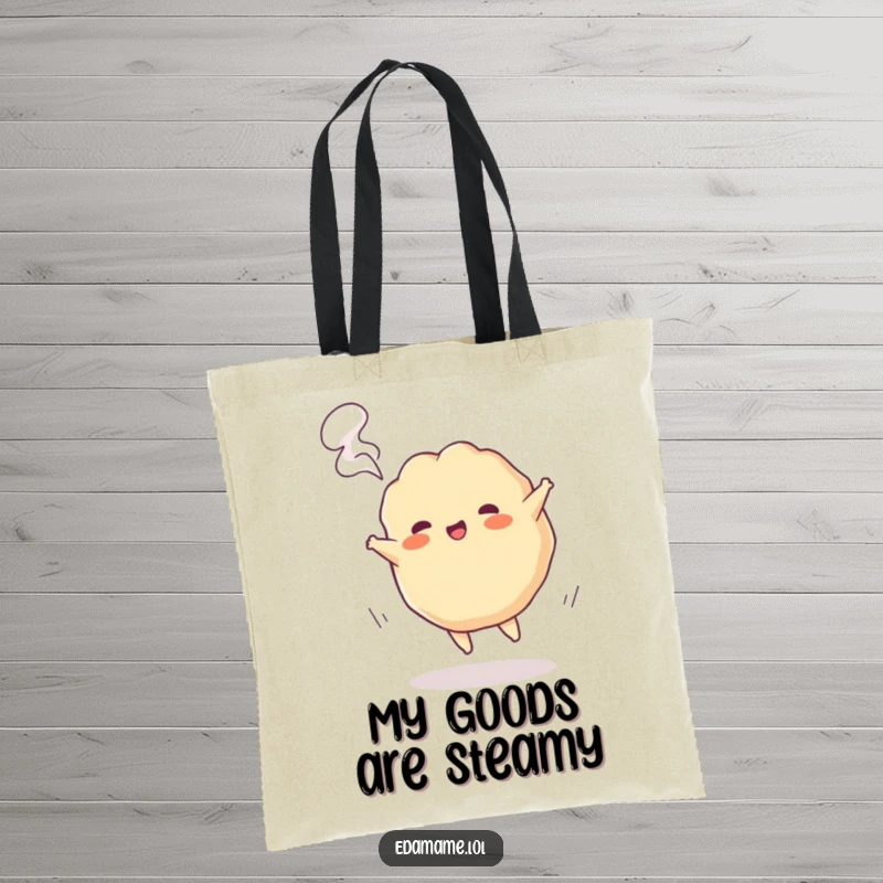 Funny tote bag with a playful gyoza character cartwheeling, steam puffing out, great for carrying food or daily items.