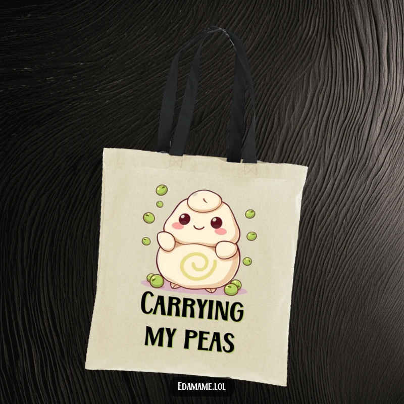 Funny tote bag featuring a happy dumpling with a swirl pattern juggling peas, perfect for carrying essentials with a playful, skillful touch.