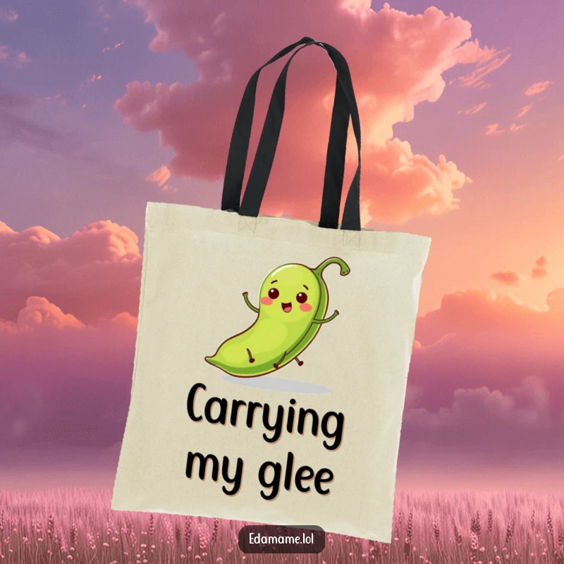Funny tote bag with a bright green bean pod on tiny legs, captured mid-hop in an expression of pure glee.