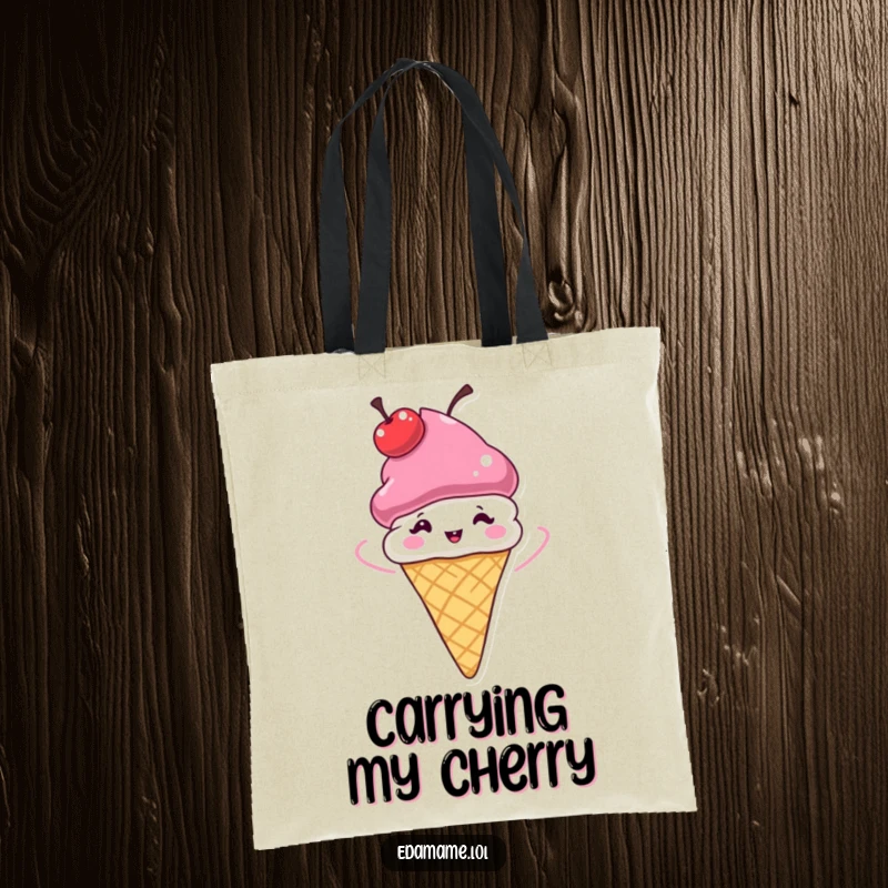 Funny Ice Cream Cone Tote Bag featuring a cherry hat spinning joyfully, a stylish and humorous accessory.