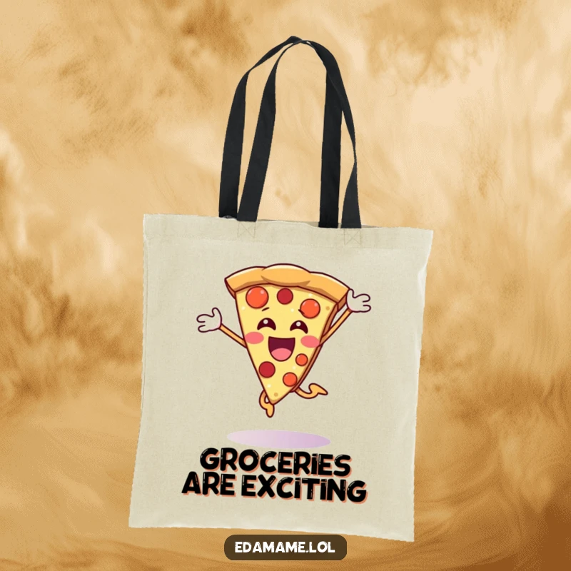 Funny Pizza Slice Tote Bag featuring a happy character jumping for joy, ideal for shopping and as a funny gift.