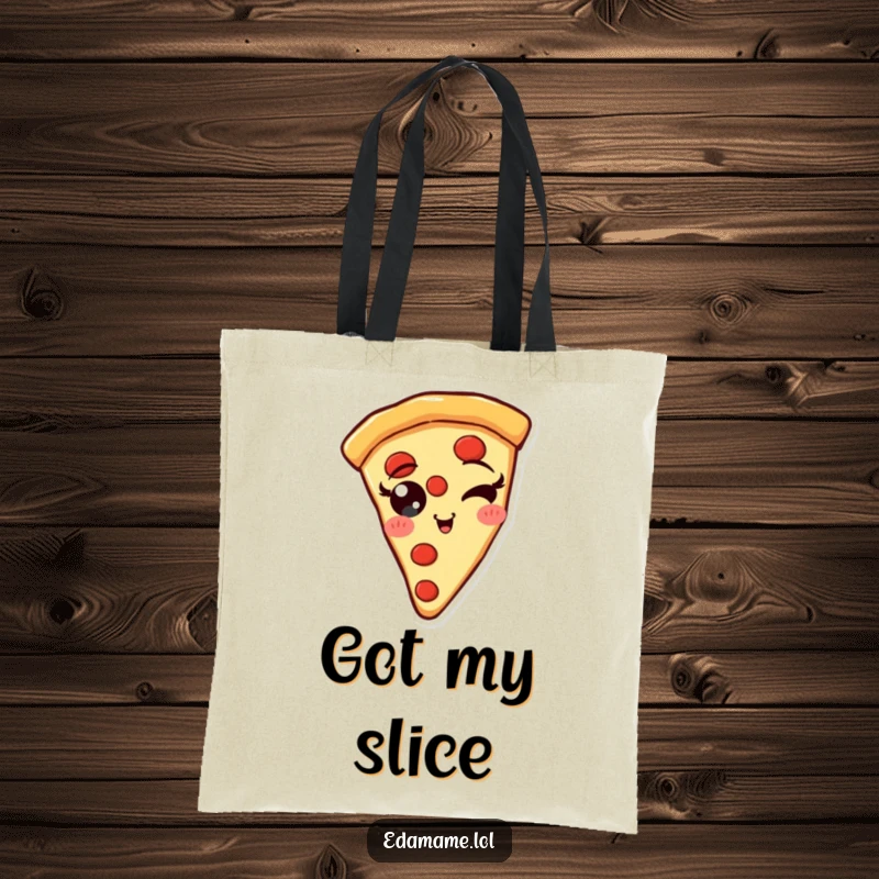 Funny Pizza Slice Tote Bag with pepperoni eyes winking, a cheerful and practical accessory for pizza fans.