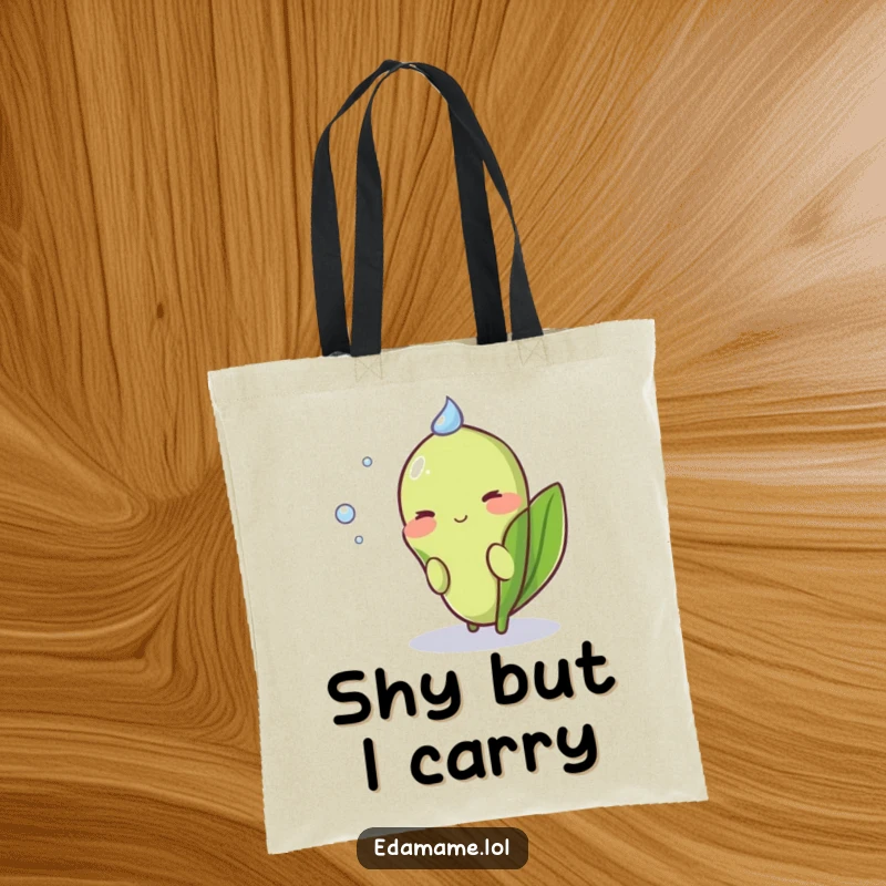 Funny Shy Edamame Tote Bag with a blushing pod hiding adorably behind a dewdrop, perfect for everyday use.