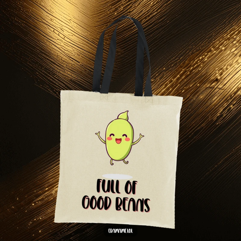 Funny tote bag featuring a pod of smiling edamame with tiny legs, happily jumping, perfect for carrying daily essentials with cheer.
