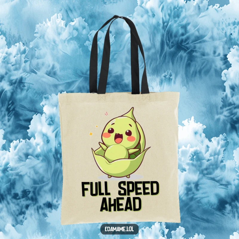 Funny edamame tote bag featuring a surprised character being launched from its pod, perfect for carrying humor.