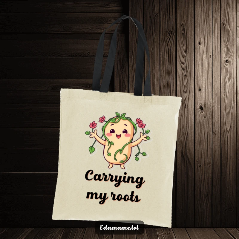Funny tote bag featuring a happy bean with vine arms waving hello, perfect for carrying essentials with a smile.