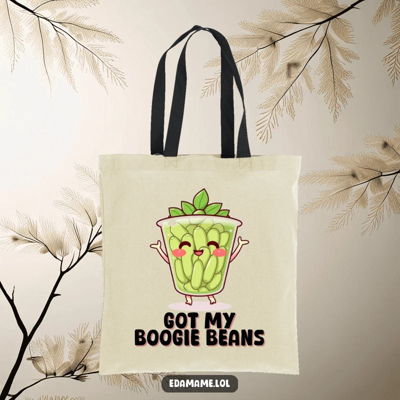 Funny tote bag with a happy cup of edamame doing a cheerful dance, ideal for shopping and everyday use.