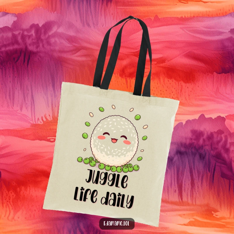 Funny Rice Ball Tote Bag: A charming tote bag showcasing a cheerful rice ball actively juggling small peas, perfect for errands.