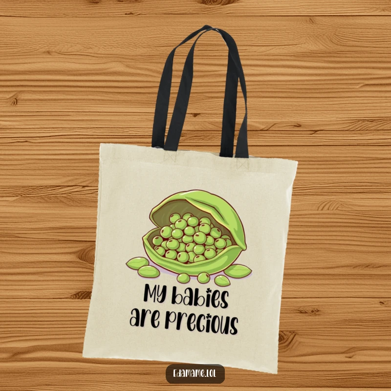 Funny tote bag illustrating a large edamame pod shielding smaller ones, symbolizing protection and safe carrying.