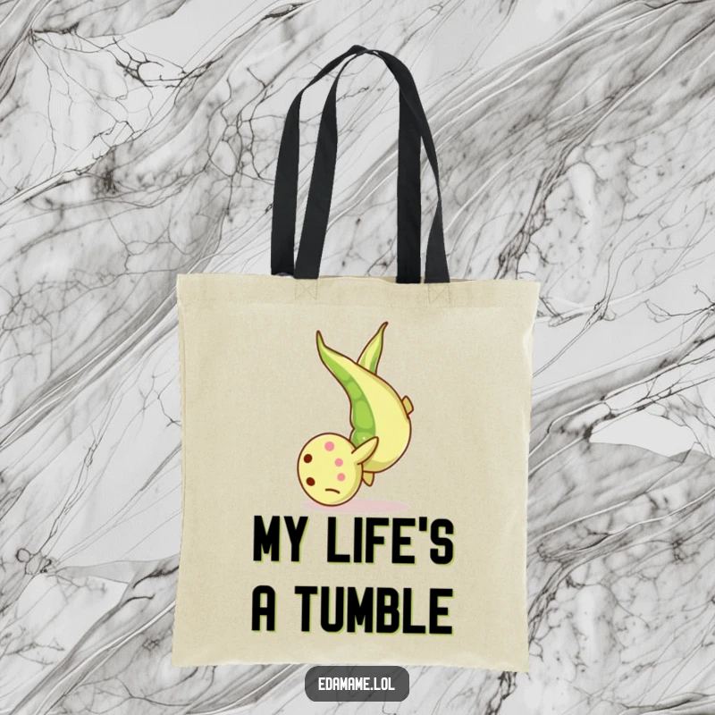 Funny Tote Bag: A stylized edamame bean captured in a playful somersault, perfect for carrying items with a humorous flair.