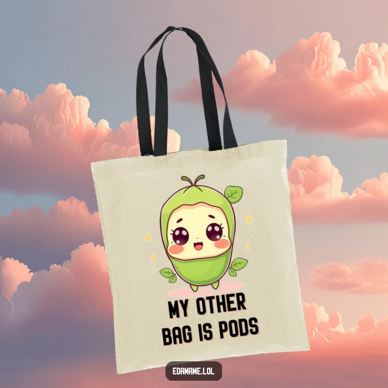 Funny surprised edamame pod tote bag, showcasing a cute bean character with wide, astonished, happy eyes.