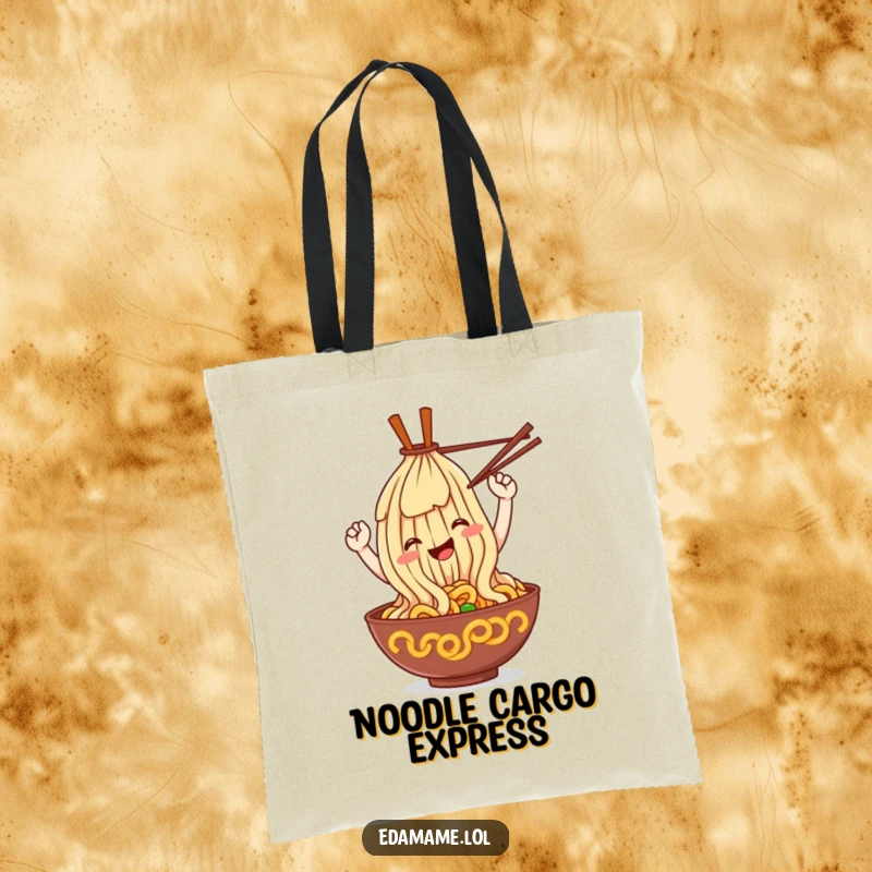 Funny ramen noodle tote bag, a smiling noodle character looping with chopsticks, practical and humorous.