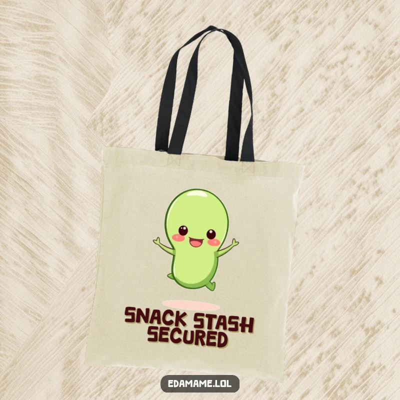 Funny happy edamame bean tote bag, an energetic edamame jumping from its pod, practical and humorous.